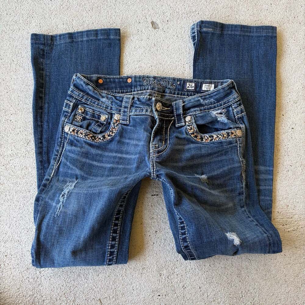 Y2K Miss Me Low Rise Signature Boot Cut Distressed Embellished Jeans Size 26